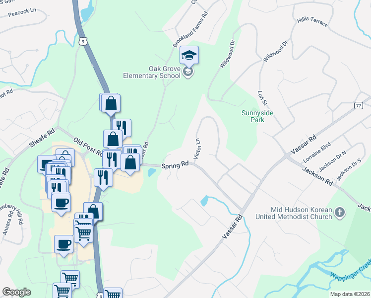 map of restaurants, bars, coffee shops, grocery stores, and more near 34 Victor Lane in Poughkeepsie