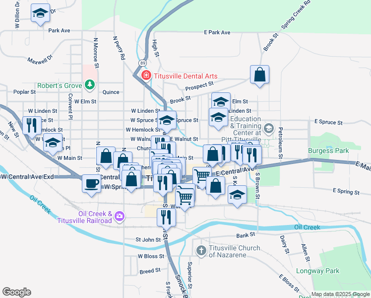 map of restaurants, bars, coffee shops, grocery stores, and more near 201-227 East Walnut Street in Titusville