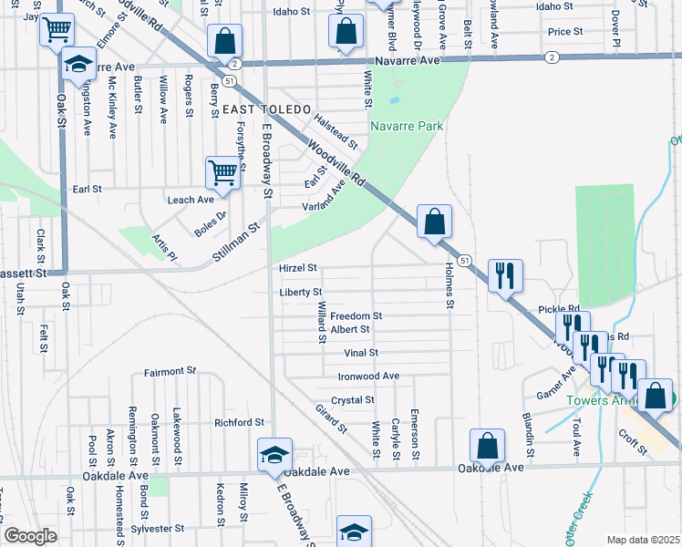map of restaurants, bars, coffee shops, grocery stores, and more near 1208 Hirzel Street in Toledo