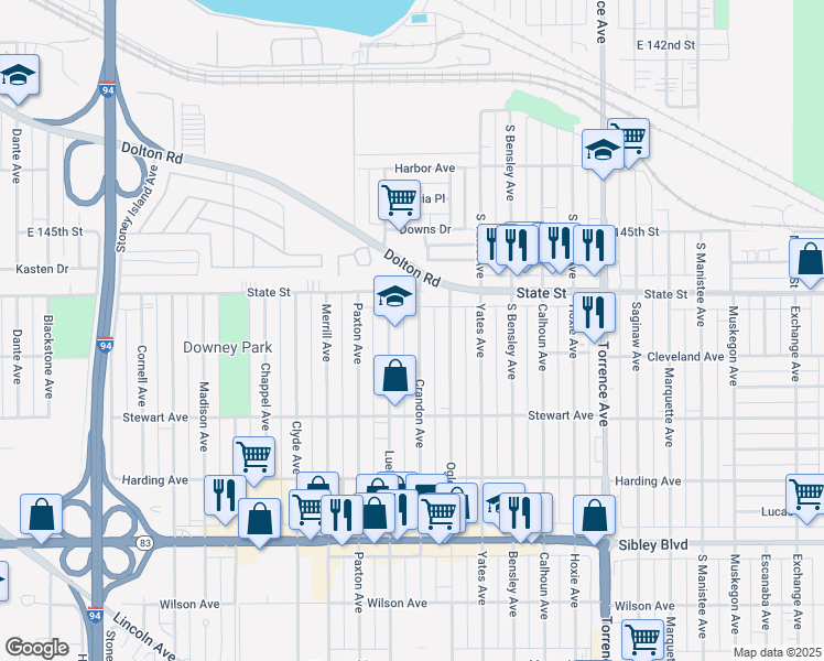 map of restaurants, bars, coffee shops, grocery stores, and more near 274 Crandon Avenue in Calumet City