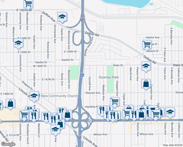map of restaurants, bars, coffee shops, grocery stores, and more near 262 Cornell Avenue in Calumet City