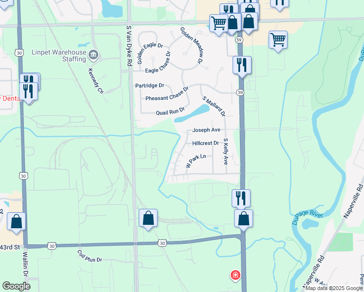 map of restaurants, bars, coffee shops, grocery stores, and more near 24125 Joseph Avenue in Plainfield