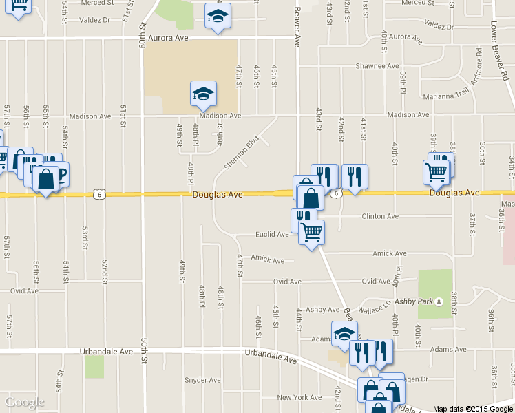 map of restaurants, bars, coffee shops, grocery stores, and more near 4554 Douglas Avenue in Des Moines