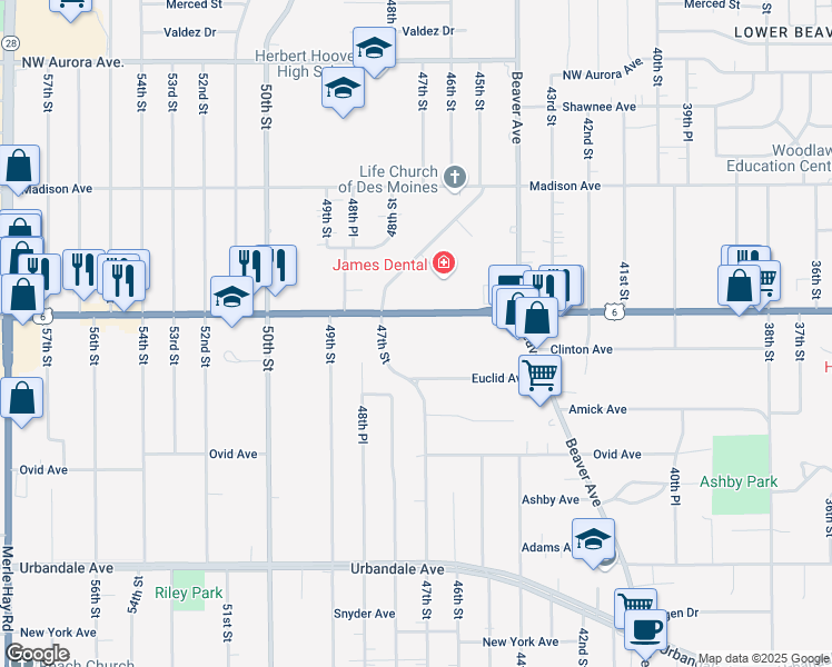 map of restaurants, bars, coffee shops, grocery stores, and more near 4623 U.S. 6 in Des Moines
