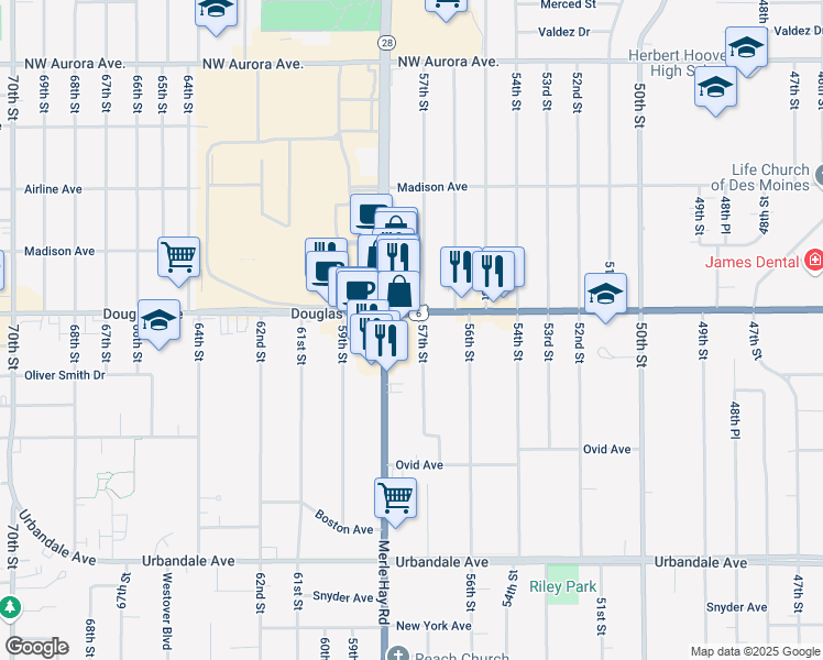 map of restaurants, bars, coffee shops, grocery stores, and more near 5701 Douglas Avenue in Des Moines