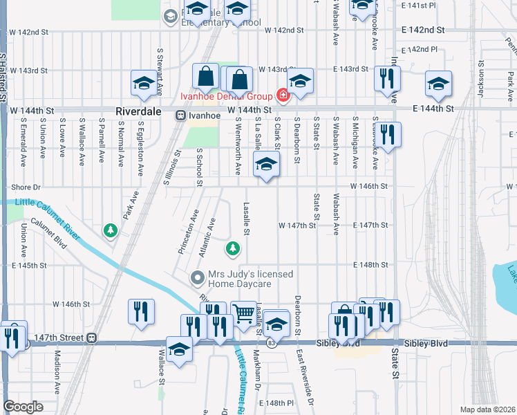 map of restaurants, bars, coffee shops, grocery stores, and more near 111 146th Street in Dolton