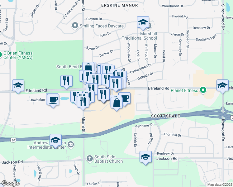 map of restaurants, bars, coffee shops, grocery stores, and more near 1290 East Ireland Road in South Bend