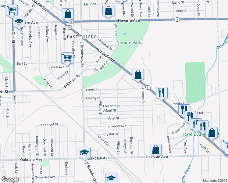 map of restaurants, bars, coffee shops, grocery stores, and more near 1120 Hazelwood Street in Toledo