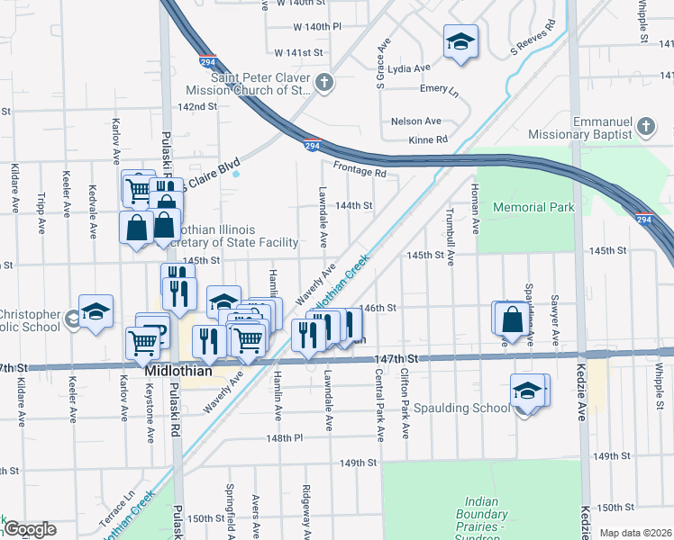 map of restaurants, bars, coffee shops, grocery stores, and more near 14513 Waverly Avenue in Midlothian