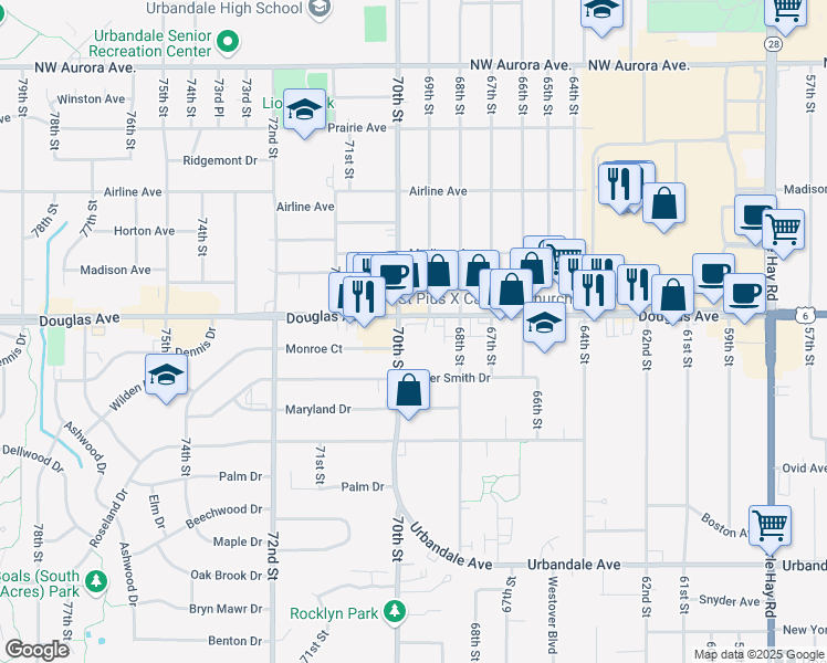 map of restaurants, bars, coffee shops, grocery stores, and more near 6990 Douglas Avenue in Urbandale