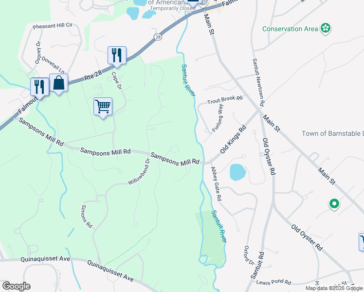 map of restaurants, bars, coffee shops, grocery stores, and more near 113 Furlong Way in Mashpee