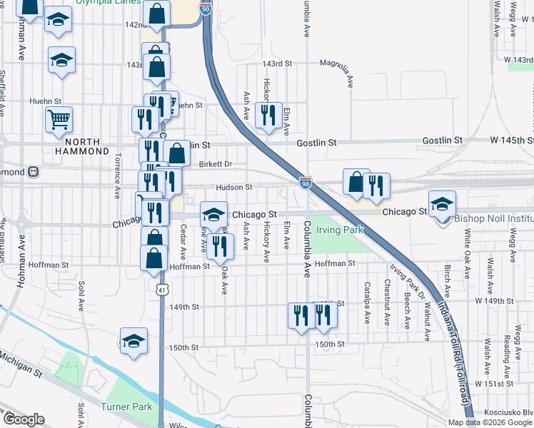 map of restaurants, bars, coffee shops, grocery stores, and more near Chicago St & Hickory Ave in Hammond