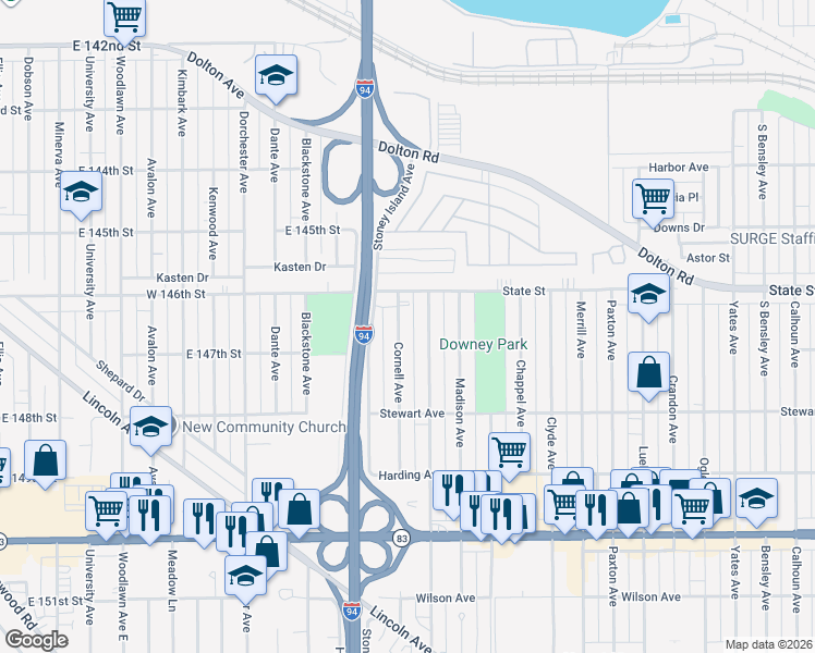 map of restaurants, bars, coffee shops, grocery stores, and more near 262 Cornell Avenue in Calumet City