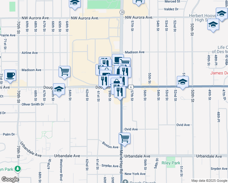 map of restaurants, bars, coffee shops, grocery stores, and more near 5827 Douglas Avenue in Des Moines