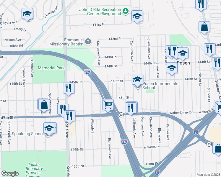 map of restaurants, bars, coffee shops, grocery stores, and more near 14500 San Francisco Avenue in Posen