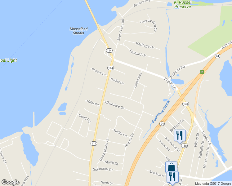 map of restaurants, bars, coffee shops, grocery stores, and more near 40 Windward Drive in Portsmouth