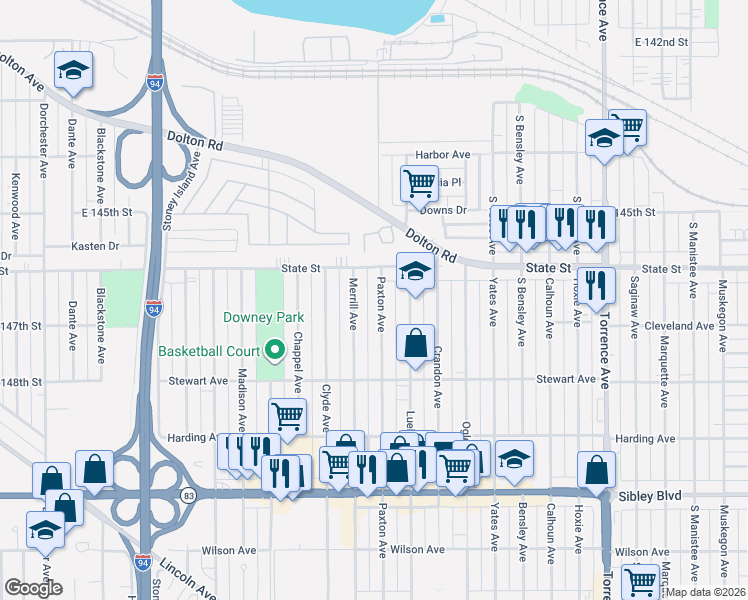map of restaurants, bars, coffee shops, grocery stores, and more near 275 Paxton Avenue in Calumet City