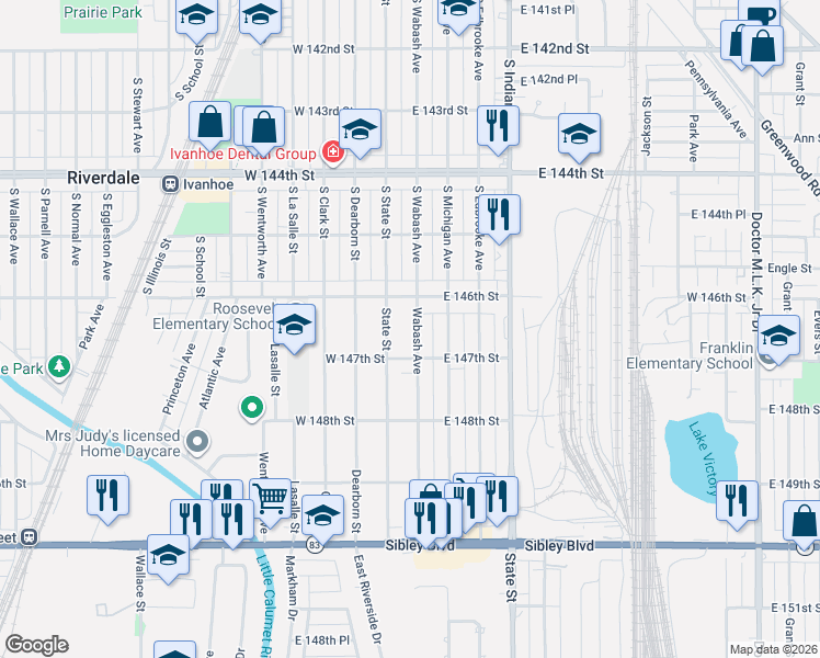 map of restaurants, bars, coffee shops, grocery stores, and more near 17 146th Street in Dolton