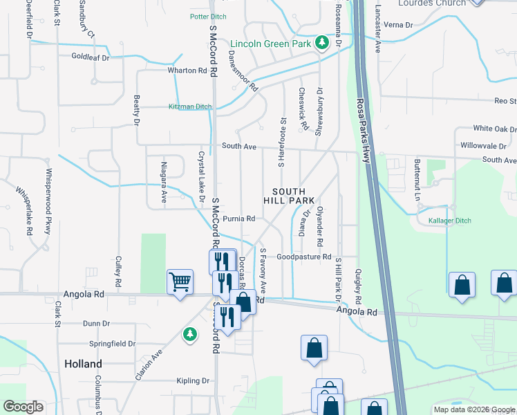 map of restaurants, bars, coffee shops, grocery stores, and more near 640 Favony Avenue in Holland