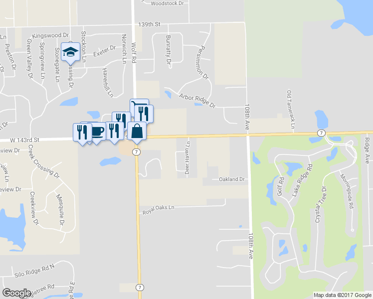 map of restaurants, bars, coffee shops, grocery stores, and more near 11021 Deer Haven Lane in Orland Park