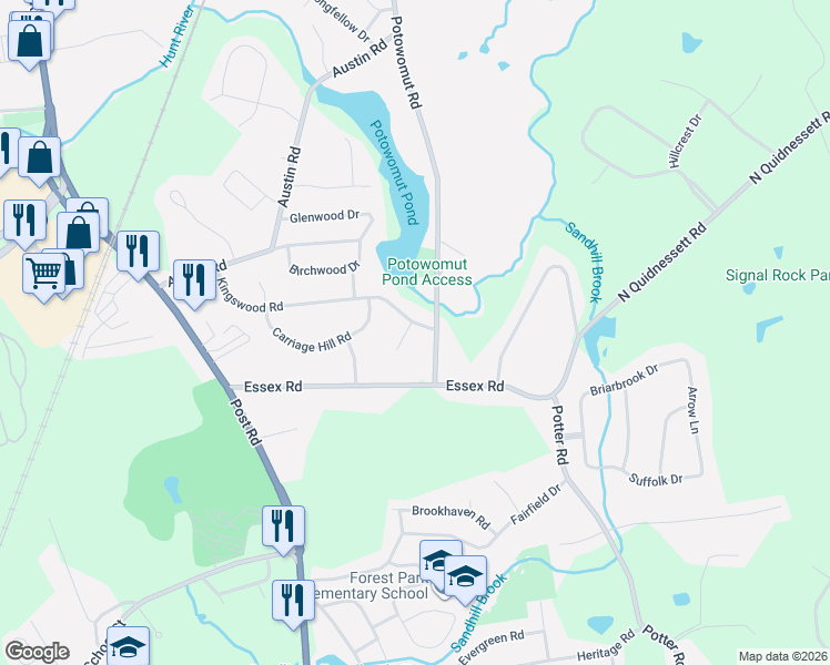 map of restaurants, bars, coffee shops, grocery stores, and more near 21 Kingswood Road in North Kingstown