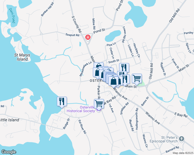 map of restaurants, bars, coffee shops, grocery stores, and more near 12 Bay Street in Barnstable