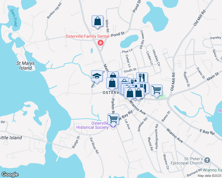 map of restaurants, bars, coffee shops, grocery stores, and more near 12 Bay Street in Barnstable