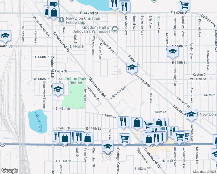 map of restaurants, bars, coffee shops, grocery stores, and more near 14710 Greenwood Road in Dolton