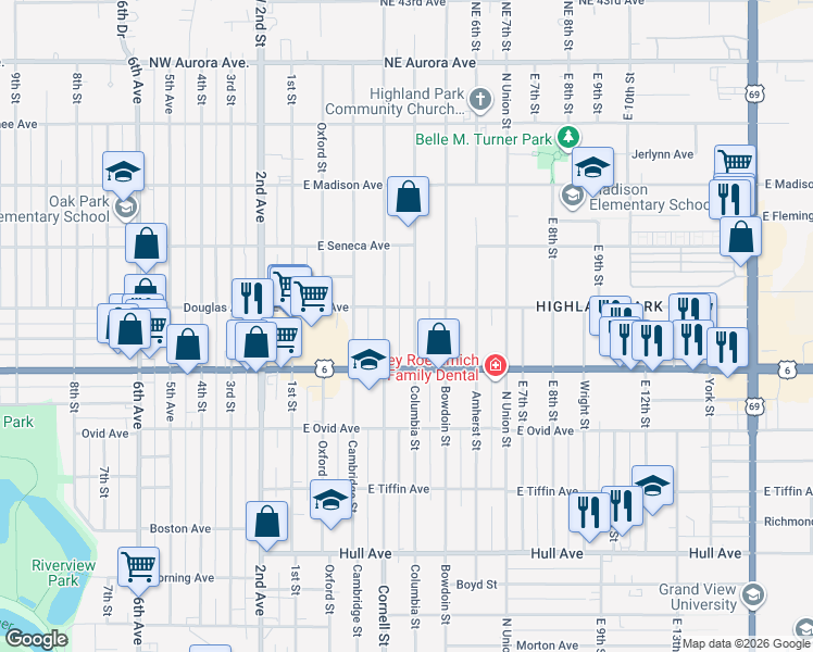 map of restaurants, bars, coffee shops, grocery stores, and more near 3645 Columbia Street in Des Moines