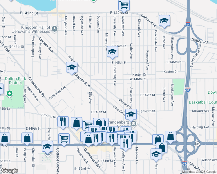 map of restaurants, bars, coffee shops, grocery stores, and more near 1043 146th Street in Dolton