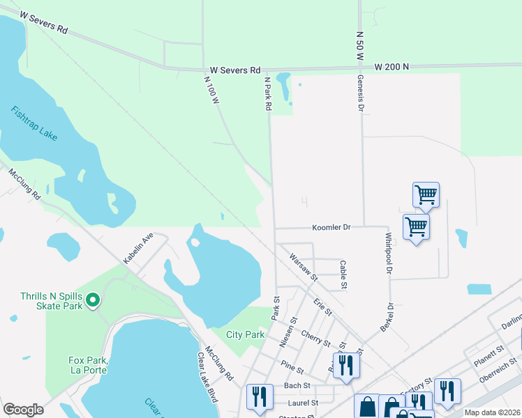 map of restaurants, bars, coffee shops, grocery stores, and more near 1450 Park Street in La Porte