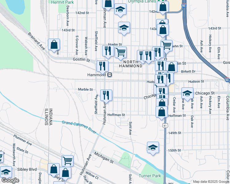 map of restaurants, bars, coffee shops, grocery stores, and more near 4635 Towle Avenue in Hammond