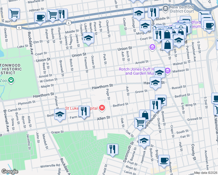 map of restaurants, bars, coffee shops, grocery stores, and more near 143 Hawthorn Street in New Bedford