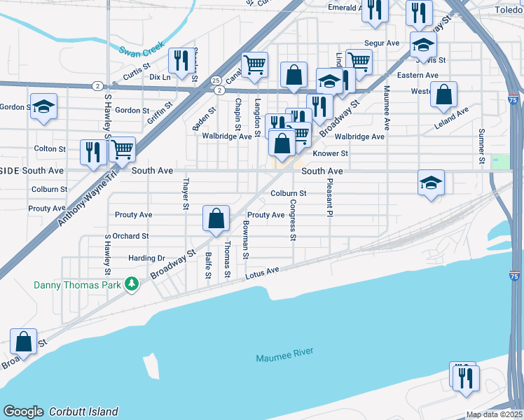 map of restaurants, bars, coffee shops, grocery stores, and more near 739 Colburn St in Toledo