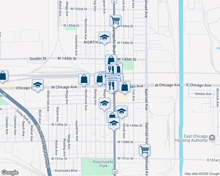 map of restaurants, bars, coffee shops, grocery stores, and more near 808 W Chicago Ave in East Chicago