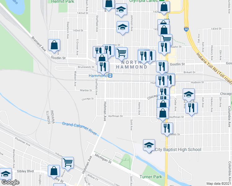 map of restaurants, bars, coffee shops, grocery stores, and more near 4621 Towle Avenue in Hammond