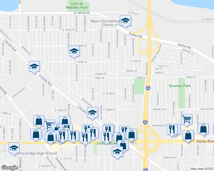 map of restaurants, bars, coffee shops, grocery stores, and more near 14610 Kenwood Avenue in Dolton