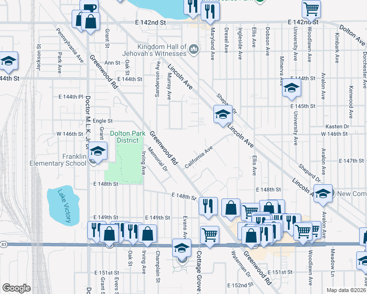map of restaurants, bars, coffee shops, grocery stores, and more near 14710 Greenwood Road in Dolton