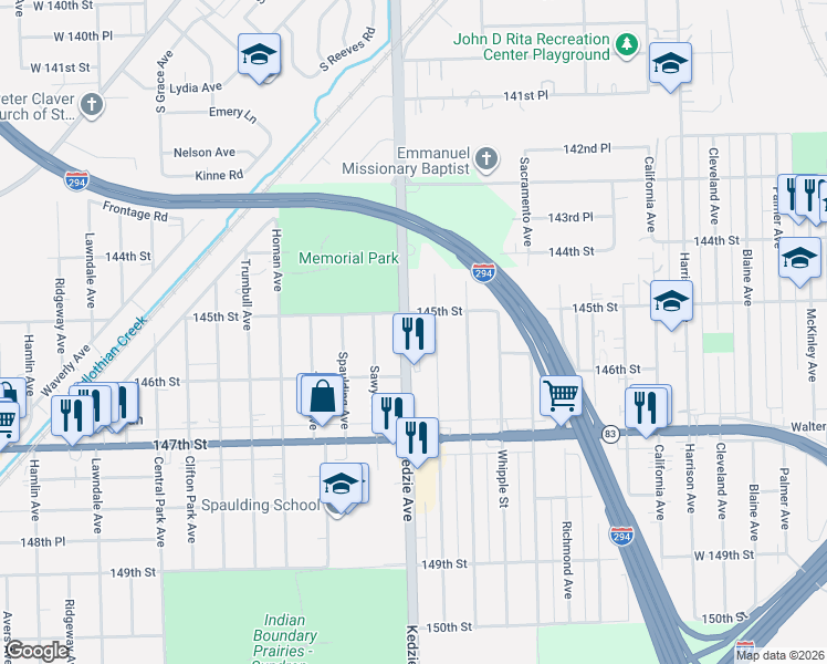 map of restaurants, bars, coffee shops, grocery stores, and more near 3143W 145th Street in Posen