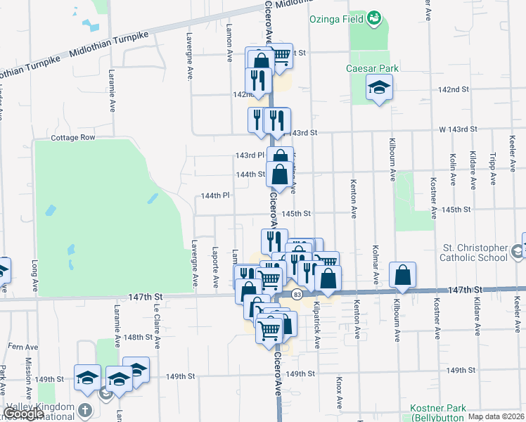 map of restaurants, bars, coffee shops, grocery stores, and more near 14440 South Cicero Avenue in Midlothian