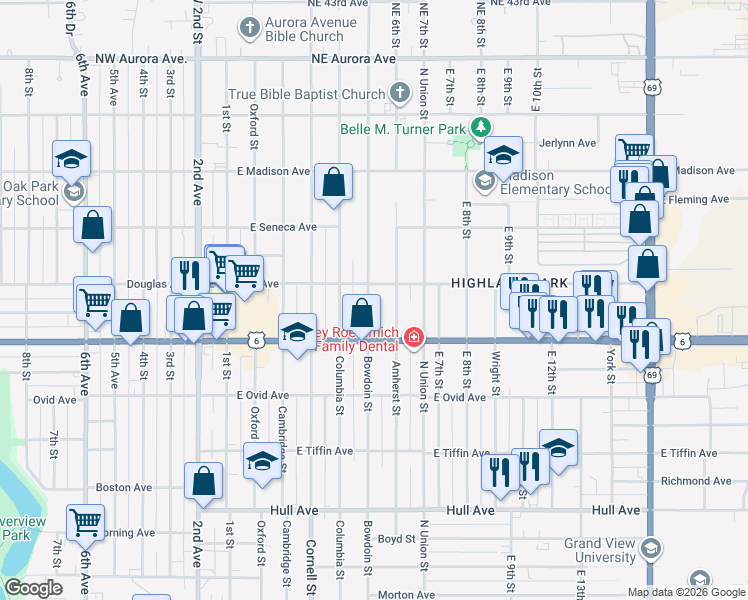map of restaurants, bars, coffee shops, grocery stores, and more near 514 East Douglas Avenue in Des Moines