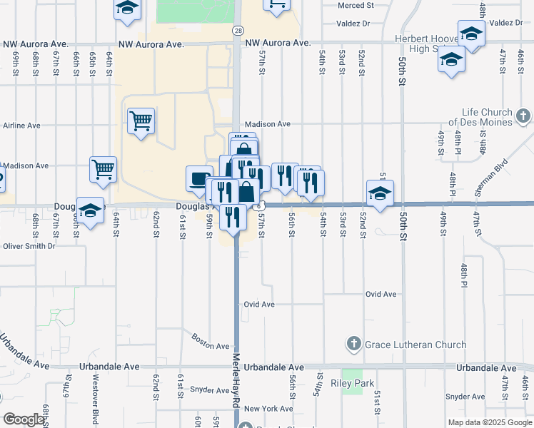 map of restaurants, bars, coffee shops, grocery stores, and more near 5701 Douglas Avenue in Des Moines