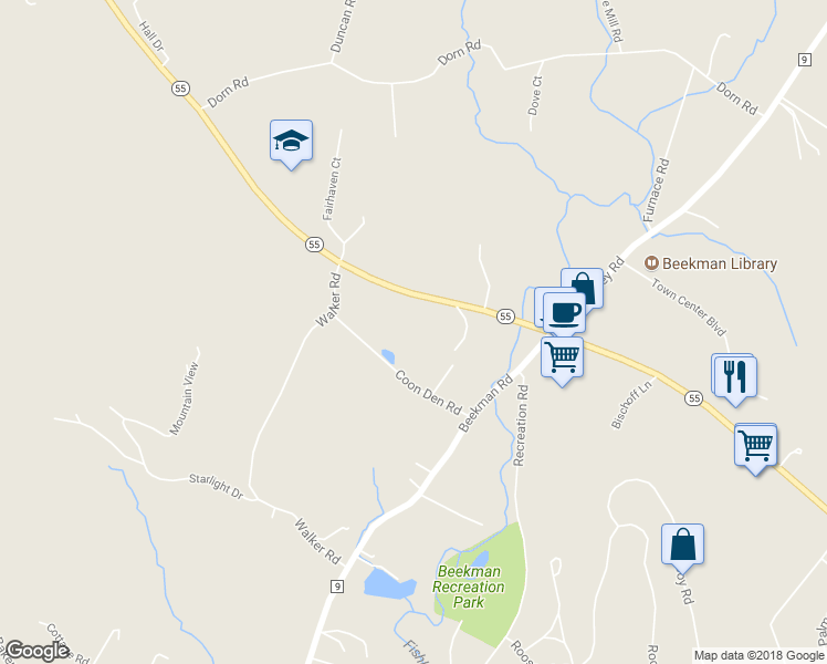 map of restaurants, bars, coffee shops, grocery stores, and more near 2380 Highway 55 in Hopewell Junction