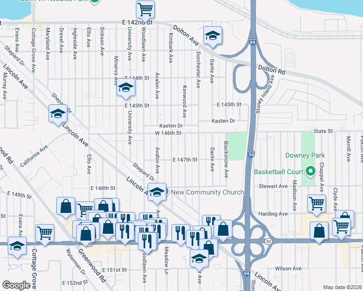 map of restaurants, bars, coffee shops, grocery stores, and more near 14622 Kenwood Avenue in Dolton