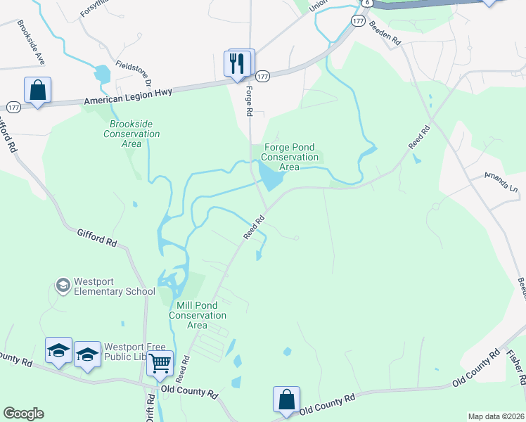 map of restaurants, bars, coffee shops, grocery stores, and more near 174 Reed Road in Westport