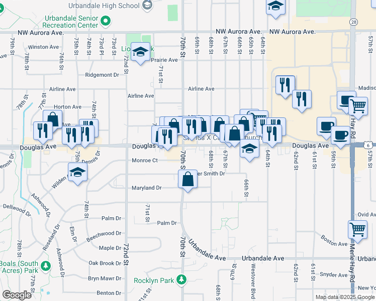 map of restaurants, bars, coffee shops, grocery stores, and more near 6990 Douglas Avenue in Urbandale