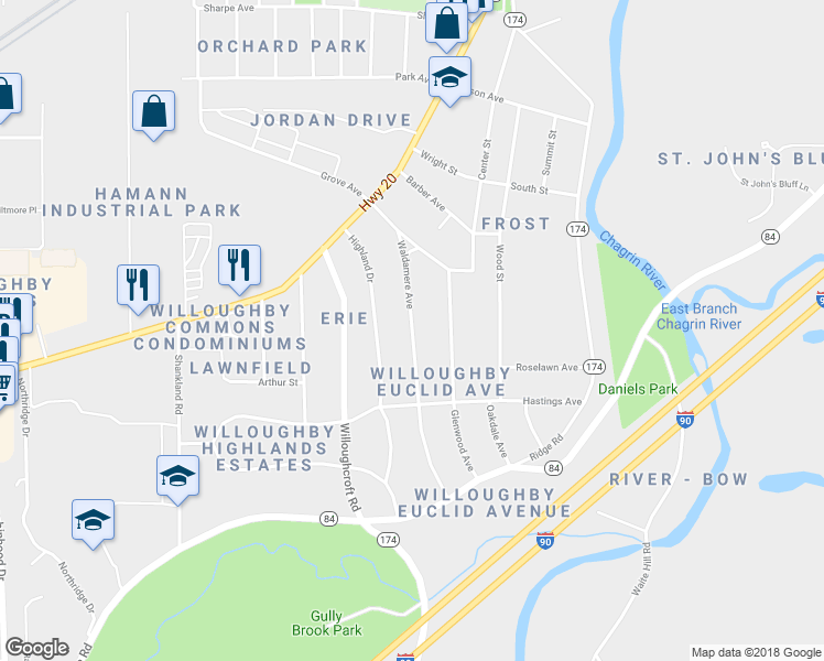 map of restaurants, bars, coffee shops, grocery stores, and more near 4744 Waldamere Avenue in Willoughby