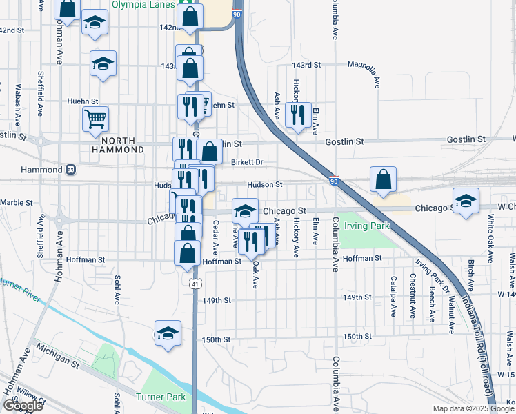 map of restaurants, bars, coffee shops, grocery stores, and more near in Hammond
