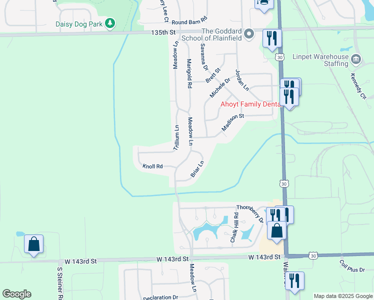 map of restaurants, bars, coffee shops, grocery stores, and more near 13841 Meadow Lane in Plainfield
