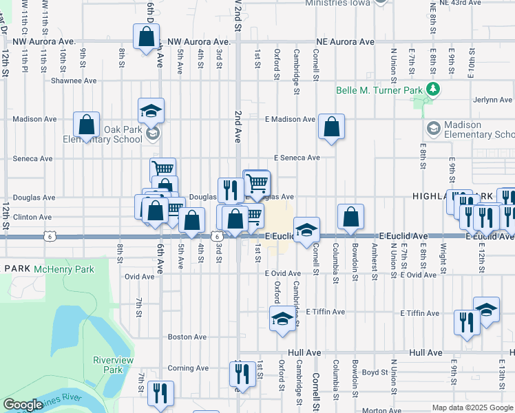 map of restaurants, bars, coffee shops, grocery stores, and more near 100 East Euclid Avenue in Des Moines
